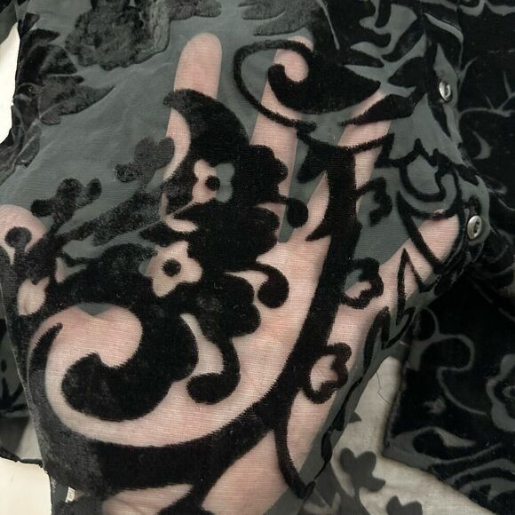 Vision Womens Vintage Y2k Velvet Floral Blouse Top Size L Black Sheer Ruffle - Picture 6 of 11